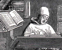Detail of image depicting a monk at work in a medieval scriptorium (Lacroix). Please click to view entire image.